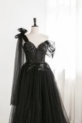 Prom Dresses Two Piece, Black Tulle Sequins Long Prom Dress, Black One Shoulder Evening Dress