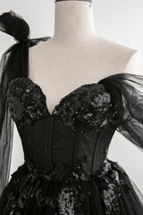 Bridesmaid Dress, Black Tulle Sequins Long Prom Dress, Black One Shoulder Evening Dress