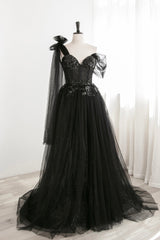 Prom Dress Gold, Black Tulle Sequins Long Prom Dress, Black One Shoulder Evening Dress