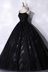 Bridesmaid Dress Mismatched, Black Tulle Sequins Long Prom Dress, Black Spaghetti Straps Evening Dress