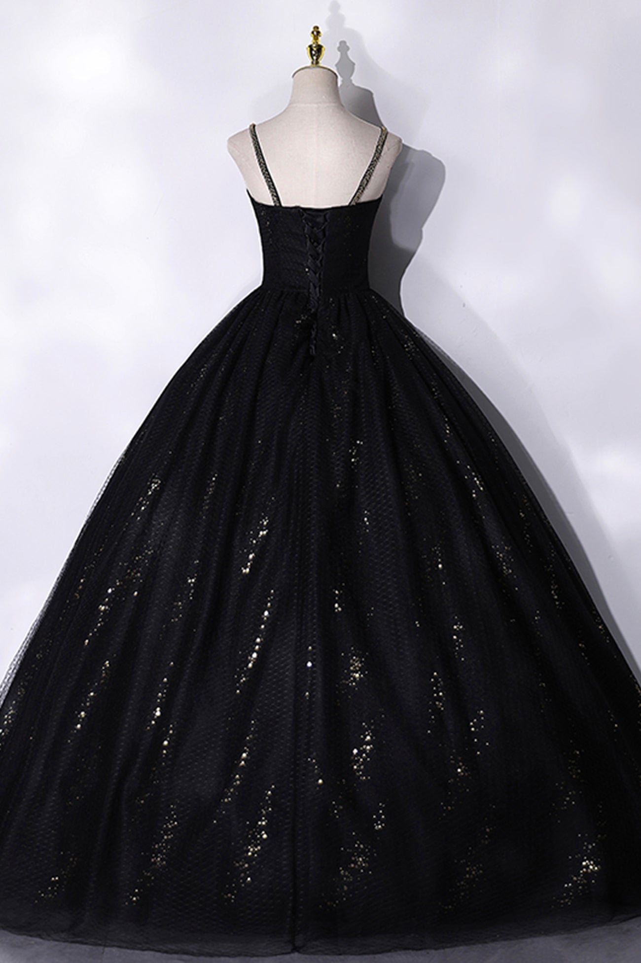 Bridesmaid Dresses Mismatching, Black Tulle Sequins Long Prom Dress, Black Spaghetti Straps Evening Dress