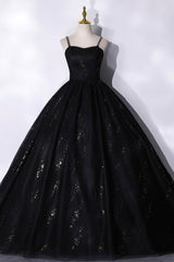 Bridesmaid Dresses Neutral, Black Tulle Sequins Long Prom Dress, Black Spaghetti Straps Evening Dress