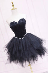 Homecoming Dress Sweetheart, Black Tulle Short Prom Dress with Feather, A-Line Sweetheart Neckline Party Dress