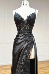 Party Dresses Modest, Black V-Neck Lace Long Formal Dress, Black Spaghetti Strap Evening Gown with Leg Slits