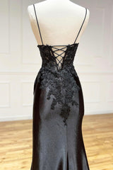 Party Dress Modest, Black V-Neck Lace Long Formal Dress, Black Spaghetti Strap Evening Gown with Leg Slits