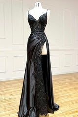 Party Dress Hijab, Black V-Neck Lace Long Formal Dress, Black Spaghetti Strap Evening Gown with Leg Slits