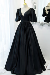 Beauty Dress, Black V-Neck Satin Long Prom Dress, A-Line Short Sleeve Evening Dress