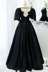 Slip Dress, Black V-Neck Satin Long Prom Dress, A-Line Short Sleeve Evening Dress