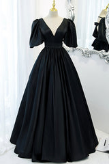 Dusty Blue Bridesmaid Dress, Black V-Neck Satin Long Prom Dress, A-Line Short Sleeve Evening Dress