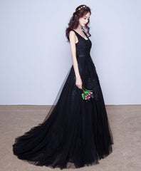 Party Dress Over 53, Black V Neck Tulle Lace Prom Dress, Lace Evening Dress