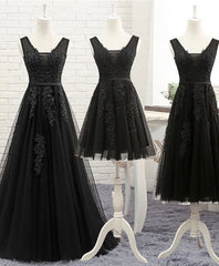 Party Dress Code Idea, Black V Neck Tulle Lace Prom Dress, Lace Evening Dress
