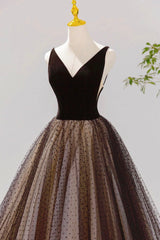 Prom Dress Boutiques, Black V-neck Tulle Short Prom Dress, A-Line Black Tea Length Party Dress
