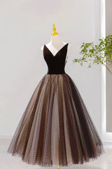 Prom Dresses Boutique, Black V-neck Tulle Short Prom Dress, A-Line Black Tea Length Party Dress