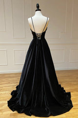 Party Dresses Clubwear, Black Velvet Long A-Line Prom Dress, V-Neck Backless Evening Formal Dress