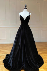Party Dress Satin, Black Velvet Long A-Line Prom Dress, V-Neck Backless Evening Formal Dress