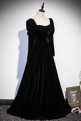 Party Dress Party, Black Velvet Long Sleeve Prom Dress, A-Line Evening Party Dress