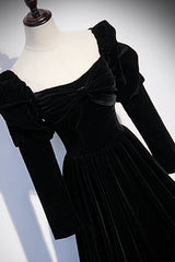 Party Dresses Casual, Black Velvet Long Sleeve Prom Dress, A-Line Evening Party Dress