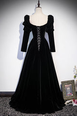 Party Dress Spring, Black Velvet Long Sleeve Prom Dress, A-Line Evening Party Dress