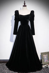 Party Dress Outfits Ideas, Black Velvet Long Sleeve Prom Dress, A-Line Evening Party Dress