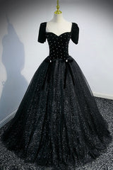 Yellow Prom Dress, Black Velvet Tulle Long Ball Gown, Black A-Line Formal Evening Gown