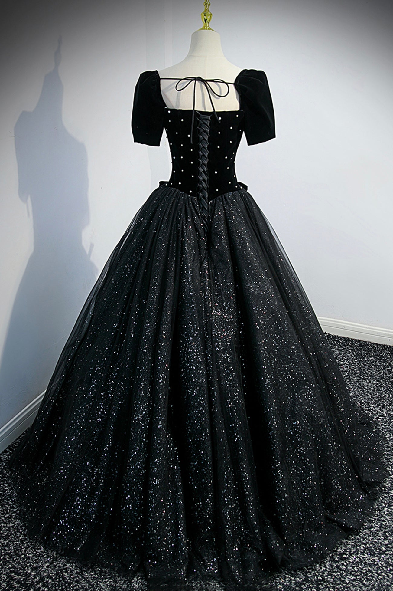 Prom Theme, Black Velvet Tulle Long Ball Gown, Black A-Line Formal Evening Gown