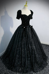 Floral Dress, Black Velvet Tulle Long Ball Gown, Black A-Line Formal Evening Gown