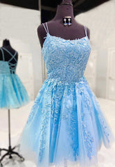 Prom Dresses Ball Gown Elegant, Blue Tulle Short Prom Dresses, A-Line Lace Evening Dresses