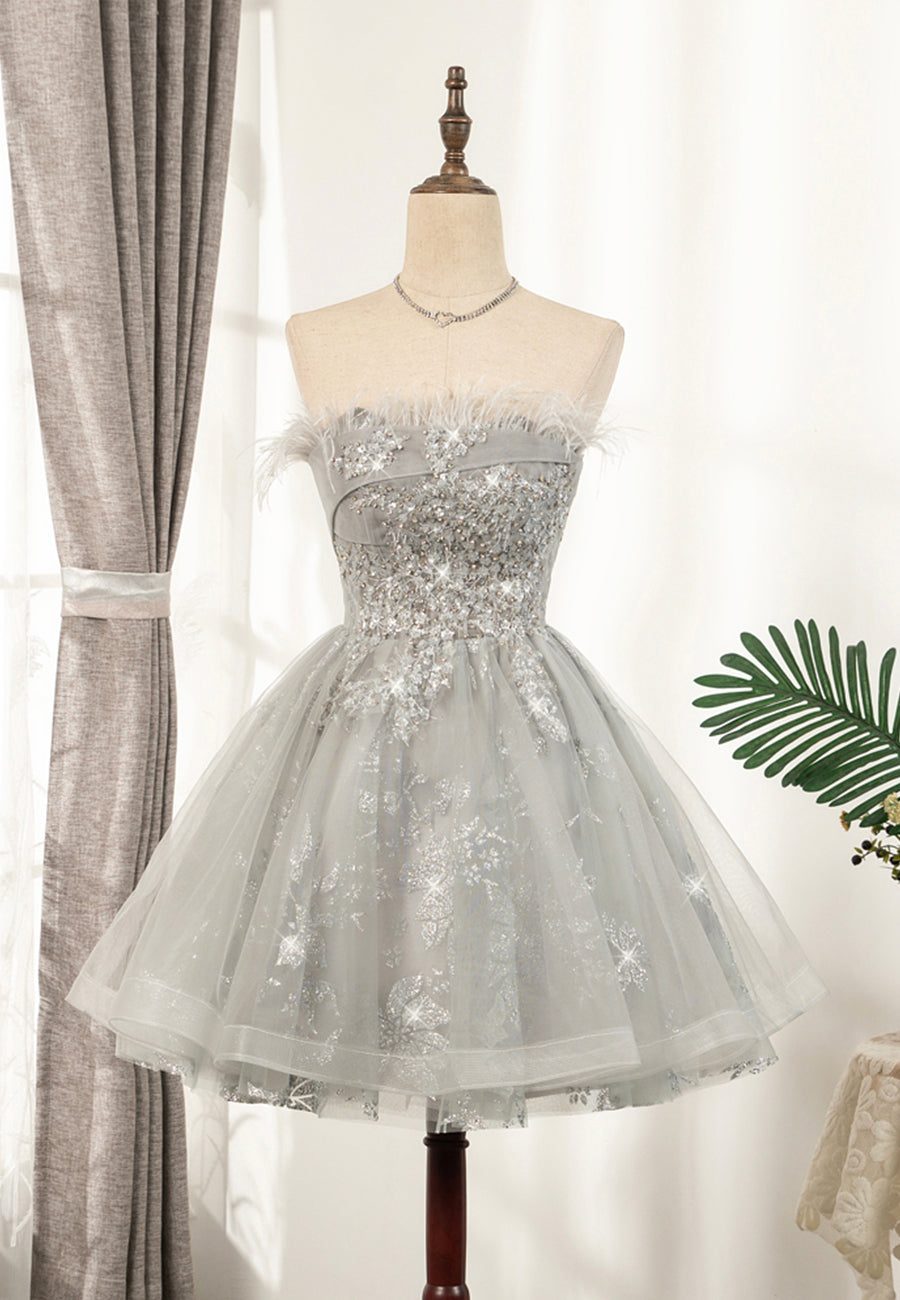 Formal Dress Shops, Gray Strapless Feather Short Prom Dresses, Cute Party Dresses