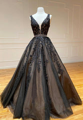 Bridesmaid Dress Navy Blue, Black V-Neck Lace Long Prom Dresses, A-Line Evening Dresses