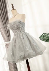 Formal Dress On Sale, Gray Strapless Feather Short Prom Dresses, Cute Party Dresses