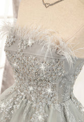 Formal Dresses Shops, Gray Strapless Feather Short Prom Dresses, Cute Party Dresses