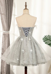 Formal Dress Shop, Gray Strapless Feather Short Prom Dresses, Cute Party Dresses