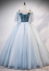 Party Dress Formal, Lovely Spaghetti Strap Blue Long Prom Dresses, Lace Evening Dresses