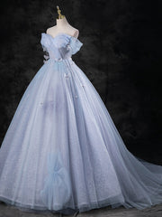 Prom Dress For Teen, Blue A-Line Off Shoulder Tulle Long Prom Dress, Blue Formal Dress