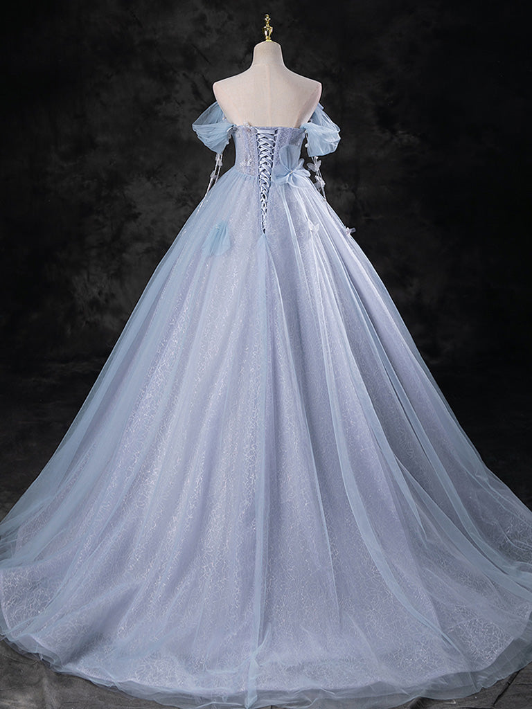 Prom Dresses For Teen, Blue A-Line Off Shoulder Tulle Long Prom Dress, Blue Formal Dress