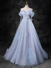 Prom Dress Places, Blue A-Line Off Shoulder Tulle Long Prom Dress, Blue Formal Dress