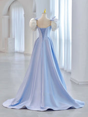 Bridesmaid Dresses Modest, Blue A-Line Satin Long Prom Dresses, Blue Satin Formal Evening Dress