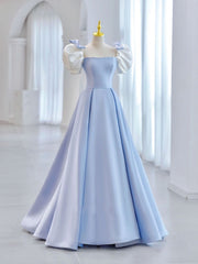 Bridesmaid Propos, Blue A-Line Satin Long Prom Dresses, Blue Satin Formal Evening Dress