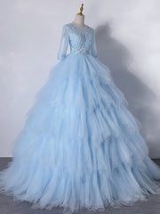 Plu Size Wedding Dress, Blue A-Line Tulle Lace Long Prom Dress, Blue Lace Formal Evening Dresses