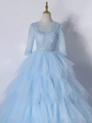 Bachelorette Party, Blue A-Line Tulle Lace Long Prom Dress, Blue Lace Formal Evening Dresses