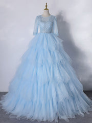 Small Wedding Ideas, Blue A-Line Tulle Lace Long Prom Dress, Blue Lace Formal Evening Dresses