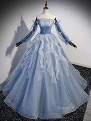Bridesmaids Dresses Near Me, Blue A-Line Tulle Lace Long Prom Dresses, Blue Formal Evening Dresses