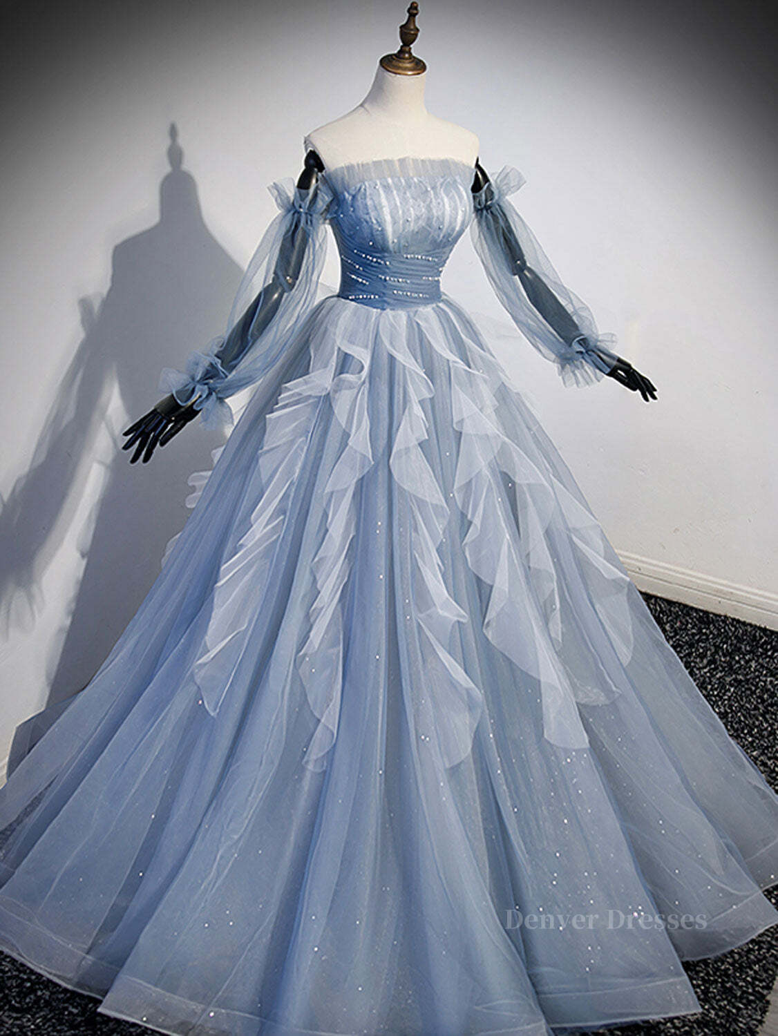 Bridesmaid Dress Colours, Blue A-Line Tulle Lace Long Prom Dresses, Blue Formal Evening Dresses