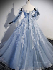 Bridesmaids Dresses Fall, Blue A-Line Tulle Lace Long Prom Dresses, Blue Formal Evening Dresses