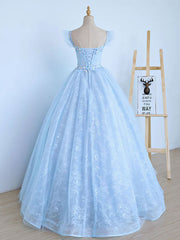 Bridesmaid Dresses With Sleeve, Blue A-Line Tulle Lace Long Prom Dresses, Blue Lace Formal Evening Dresses