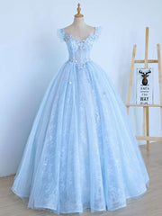Bridesmaids Dress Short, Blue A-Line Tulle Lace Long Prom Dresses, Blue Lace Formal Evening Dresses