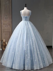 Bridesmaid Dresses Strapless, Blue A-Line Tulle Long Prom Dress, Blue Formal Sweet 16 Dress