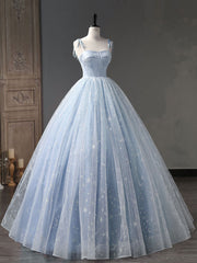 Bridesmaid Dresses Blushing Pink, Blue A-Line Tulle Long Prom Dress, Blue Formal Sweet 16 Dress