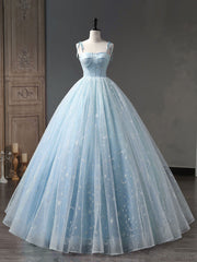 Braids, Blue A-Line Tulle Long Prom Dress, Blue Formal Sweet 16 Dress