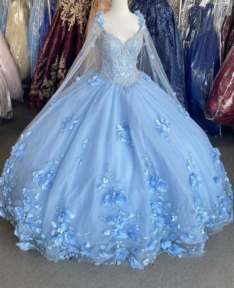 Homecoming Dresses For Girls, Blue flowers  tulle ball gown , chic prom dress